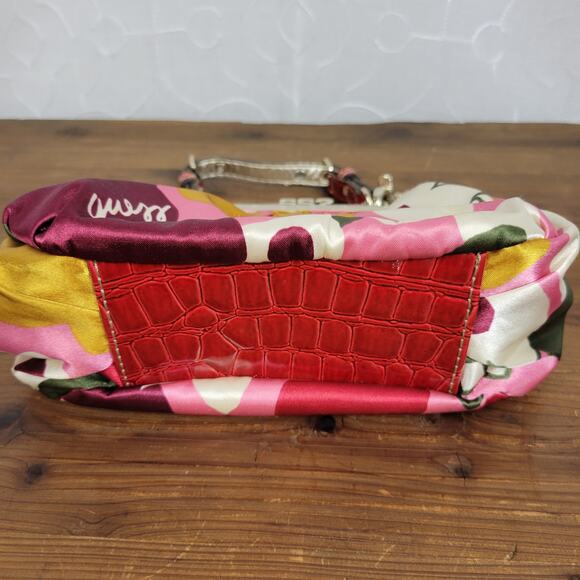 Guess Satin Handbag Small Purple Pink Floral Spell Out Alligator Leopard Chain - Picture 5 of 10